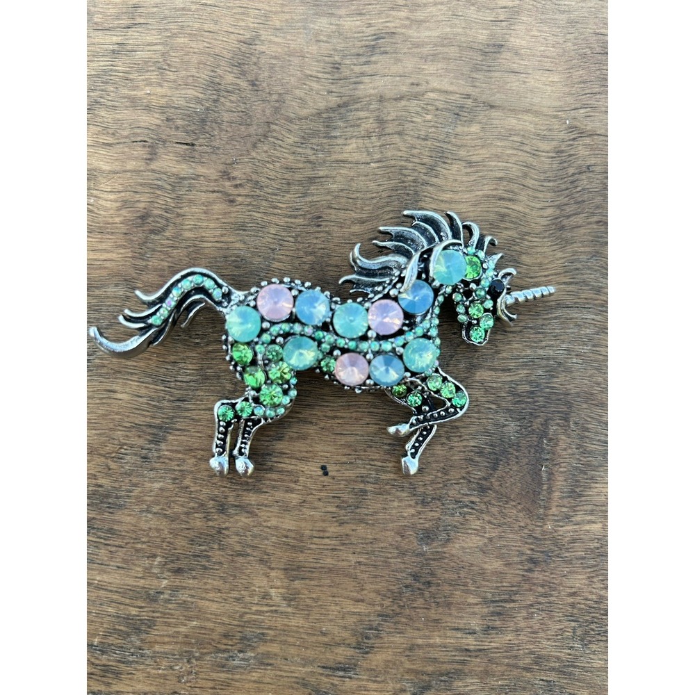 Large Rhinestone Horse Brooch Silver Tone Green Blue Pink Statement Pin